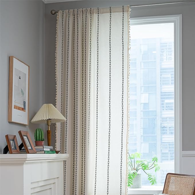 Deeprove Light Gray Boho Curtain 84 inches Long for Bedroom, Vintage Privacy Bohemian Embroidery Farmhouse Cotton Striped Linen French Country Tassel Window Treatments Decor, W52 x L84, 1 Panel