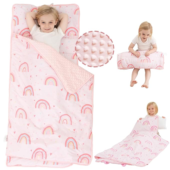 Viviland Toddler Nap Mat with Pillow and Minky Dot Blanket, Large Thick Rolled Sleeping/Slumber Bags, Kids Girls Sleeping Mat for Preschool, Daycare, Kindergarten, Travel Camping- Pink Rainbow