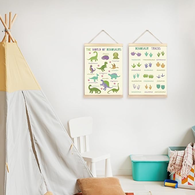 CGBHW Educational Dinosaur Species Tracks Poster Hanger Frame Set of 2 12x16, Dino Room Decor for Boys, Cute Learning Posters Wall Art Hanging Decor for Toddler Kids Baby Room Nursery Bedroom