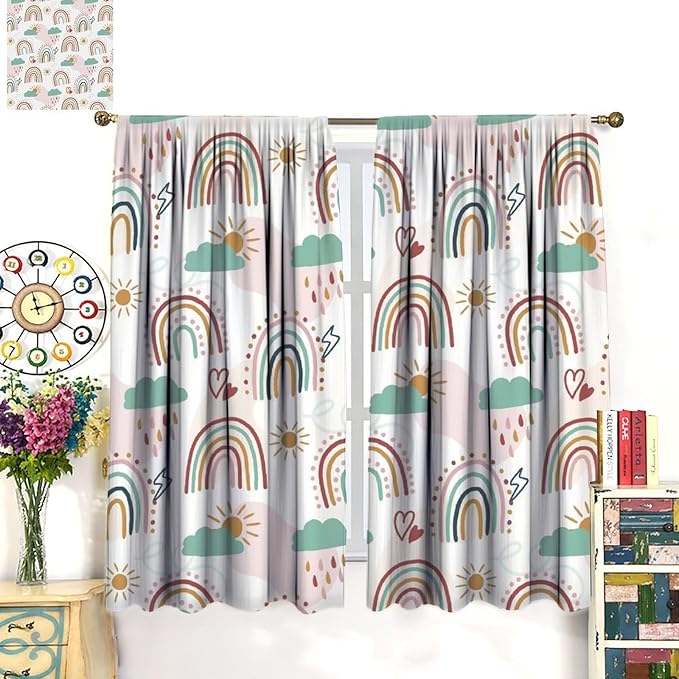 Kids Rainbow Curtains Boho Cartoon Colorful Stars Love Heart Lovely Abstract Art Pattern Print Window Drapes for Girl Bedroom Living Room Kitchen Decor,2 Panel Set,72Wx63H Inch Blackout