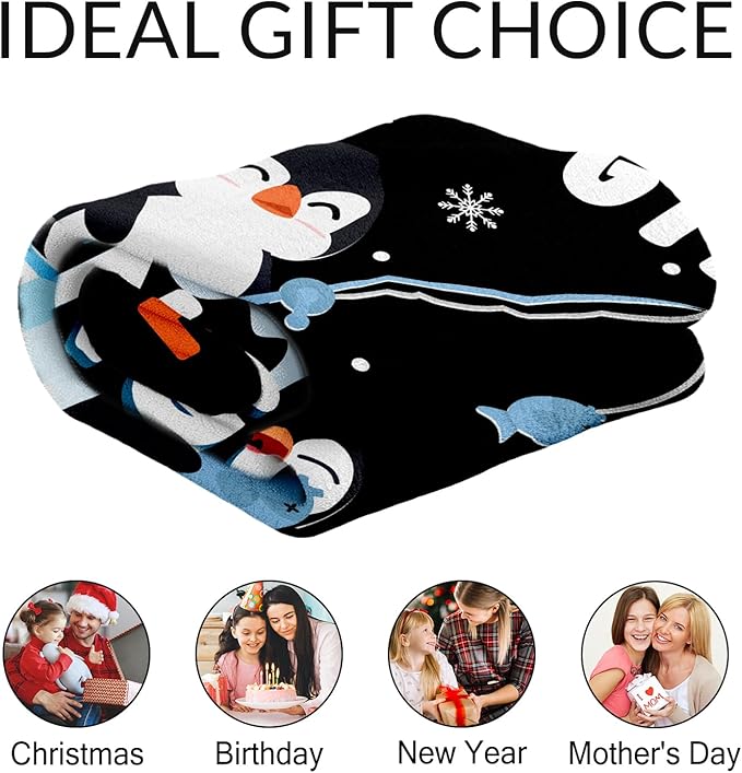 Personalized Penguin Blanket Adult - 60" x 80" Inches Cute Penguin Blanket for Women - Black Warm Furry Throws for Sofa, Bed & Living Room