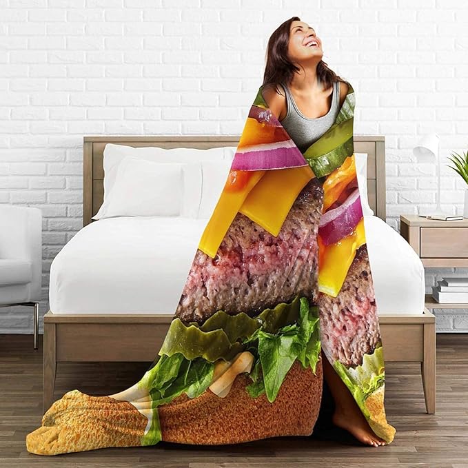 Hamburger Blanket for Girls Boys Funny Food Burger Throw Blankets Soft Cozy Warm Fuzzy Fleece Cheese Beef Pickles Bedding Flannel Throws Stuff Gifts for Kids Men Women Bedroom Decor 60"x50"