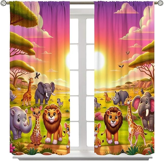 West Animal Curtains Kids Boys Girls Window Treatment Africa Cartoon Animals Lion Elephant Giraffe for Nursery Baby Bedroom Playroom Decor Window Drapes 63" W X 63" L