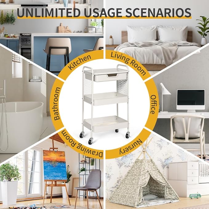 3-Tier Rolling Cart with Drawer, Metal Utility Storage Cart Organizer with Lockable Wheels&Hanging Cups&Hooks, Mobile Storage Craft Carts Trolley with Mesh Shelves for Kitchen, Office-White