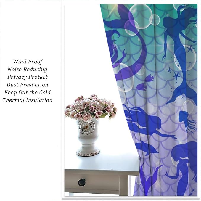 Mermaid Kids Girls Curtains Fantasy Mermaid Silhouette Ocean Theme Beautiful Blackout Window Treatment for Girls Bedroom Nursery Room Decor Rod Pocket Window Drapes 55" W X 63" L