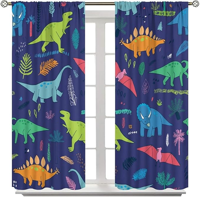 Dinosaurs Blackout Curtains Cute Cartoon Animals Dino Tropical Plant Colorful Art Print for Kids Boys Bedroom Living Room Rod Pocket Decoration Window Drapes 2 Panels W27.5xL63in