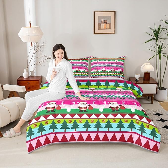 Feelyou Merry Christmas Tree Kids Comforter Set King Size Cute Snowman Bedding Set Santa Claus Duvet Quilt for Kids Boys Girls Bedroom Cartoon Bowknot Decor Microfiber Ultra Soft Breathable