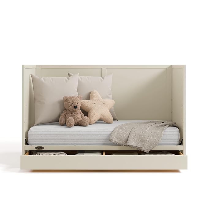 Graco Theo Convertible Crib with Storage Drawer (Frosted Oat) – GREENGUARD Gold Certified Wooden Baby Crib with Drawer, Converts to Toddler Bed, Fits Standard Crib Mattress