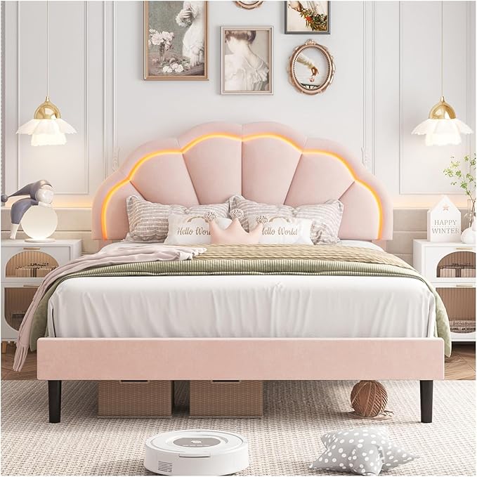 HIFIT Full Upholstered Smart LED Bed Frame with Adjustable Chic Petal Headboard, Princess Full Size Platform Bed Frames for Kids/Girls, Wooden Slats Support, No Box Spring Needed, Easy Assembly, Pink