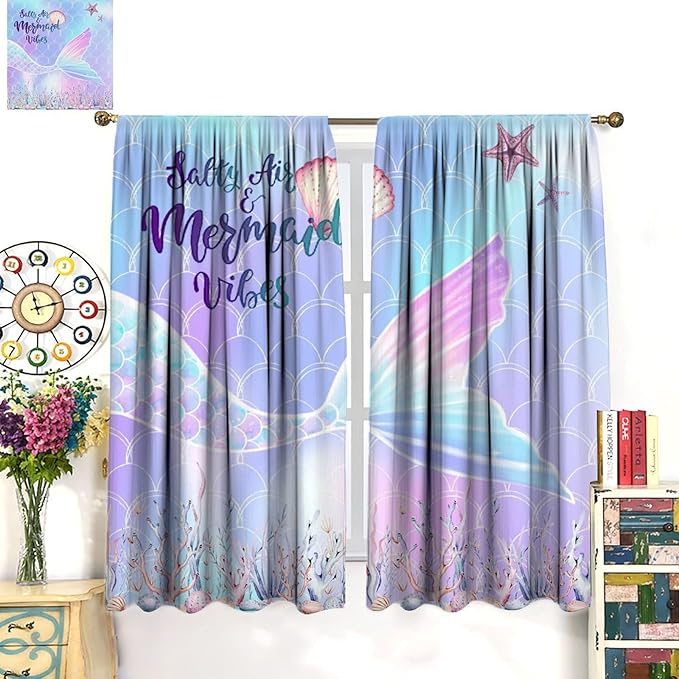 Fantasy Mermaid Curtain Colorful Rainbow Fish Tail Ocean Theme Beautiful Kids Window Treatment for Girls Bedroom Nursery Room Decor Rod Pocket Window Drapes 55x63in