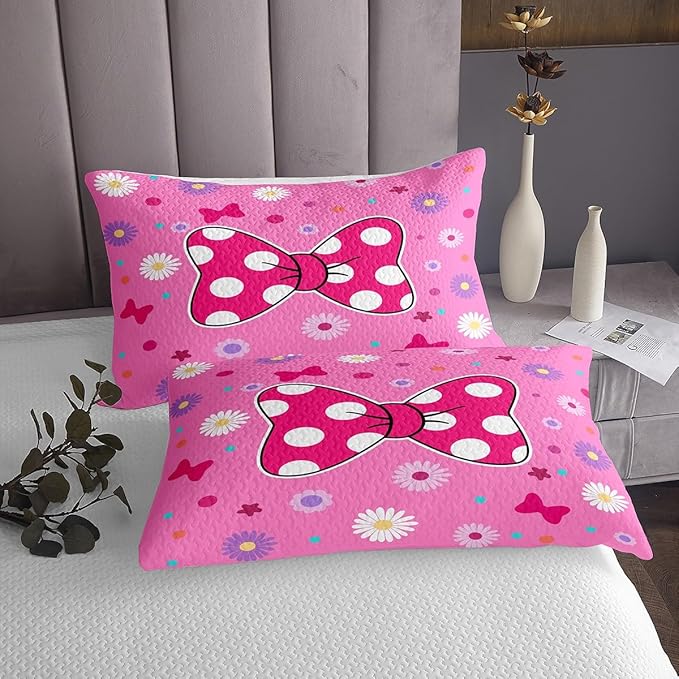 Manfei Pink Bowknot Kids Bedspread Twin Size,Daisy Flowers Geometric Dot Patchwork Coverlet Set,Girls Women Room Decor,Bow Tie Cute Princess Quilted Coverlet,Dreamy Chic Bedding Quilt,1 Pillowcase