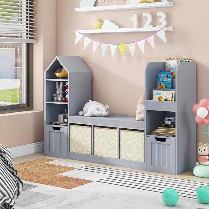 Kids Bookcase with Reading Nook, Bench Kids Bookshelf with 7 Storage Cubbies and 2 Movable Drawers, Multi-Purpose Toy Storage Organizer with Seat Cushion for Playroom, Bedroom, Living Room, Grey