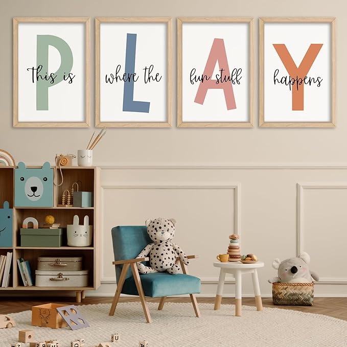 YWJKWLGS This Is Where The Fun Stuff Happens Kids Playroom Wall Decor 16"x11" Set of 4 Nursery Interesting Modren Wood Framed Let's Play Prints Sign for Boy Toddler Children Wall Hanging Art (Wood)