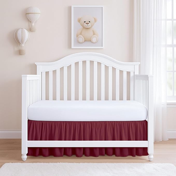 Rajlinen Ruffled Crib Bed Skirt, Microfiber, Dust Ruffle with Split Corners, 14" Drop, Nursery Toddler Bedding for Baby Boys or Girls, Burgundy