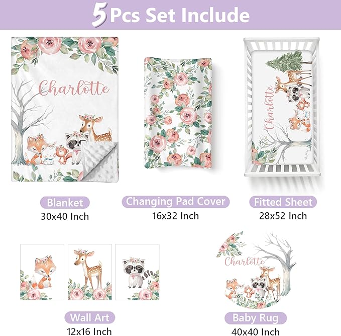 Personalized Baby Crib Bedding Set, 5 Pcs Custom Name Nursery Bedding Set for Girls Boys, Pink Forest Animals Baby Crib Set for Toddlers Infants, Double Layer Bedding Crib Sets Customized Gifts