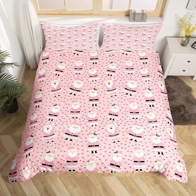 Feelyou Christmas Bedding Set for Kids Boys Girls Cute Santa Claus Comforter Cover Set Cartoon Xmas Theme Duvet Cover Bedroom Decor Pink Dreamy Heart Bedspread Cover King Size Bedding Collection 3Pcs