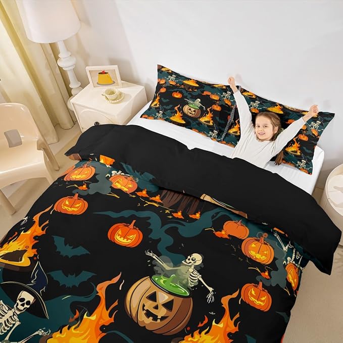 Feelyou Halloween Bedding Set for Kids Horror Skull Skeletons Comforter Cover Set Ghost Duvet Cover Pumpkin Lantern Bats Pattern Bedroom Decor Bedspread Cover Twin Size Bedding Collection 2Pcs