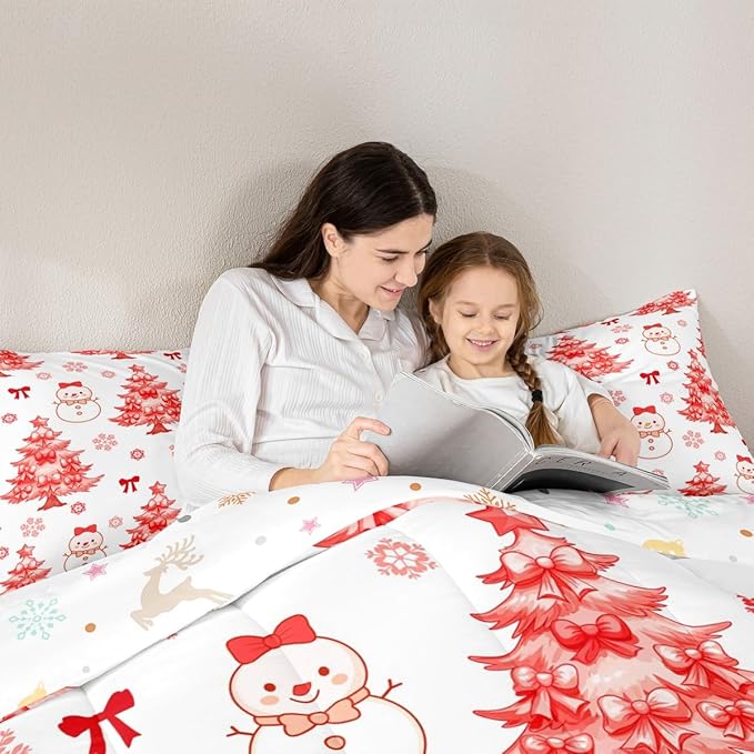 Feelyou Merry Christmas Comforter Set King Size Cute Snowman Bedding Set for Kids Boys Girls Cartoon Bowknot Duvet Quilt Christmas Tree Microfiber 3 Pcs with 2 Pillow Cases