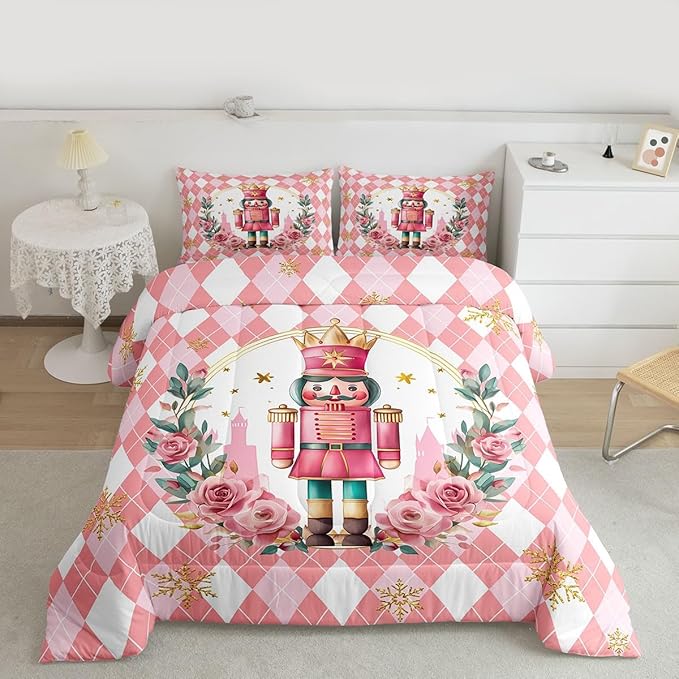 Feelyou Christmas Comforter Set Toddler Size Pink Nutcrackers Bedding Set for Kids Boys Girls Rhombus Pattern Duvet Quilt Floral Bedroom Decor Snowflake Microfiber 2 Pcs with 1 Pillow Cases