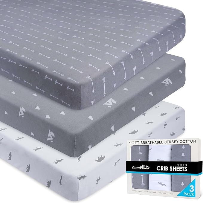 Fitted Unisex Crib Sheets (3 Pack) by GROW WILD - Jersey Knit Cotton Crib Sheets for Boys or Girls, 52” x 28” x 9” Crib Bedding Set (Woodland Gray and White)