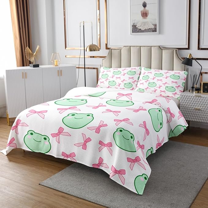 Manfei Pink Bowknot Bedspread Twin Size,Cartoon Frog Bow Tie Butterfly Knot Princess Coverlet Set,Girls Women Room Decor,Geometric Patchwork Cute Quilted Coverlet,Sweet Bedding Quilt,1 Pillowcase