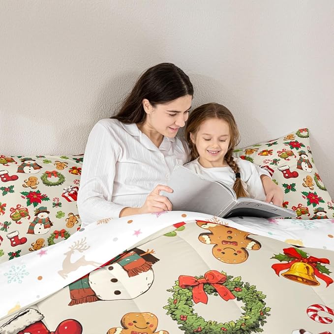 jejeloiu Merry Christmas Comforter Set Full Size Cute Snowman Bedding Set for Kids Boys Girls Gingerbread Man Duvet Quilt Beige Bedroom