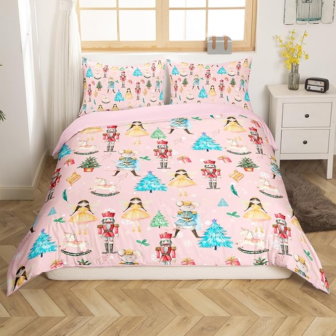 Christmas Nutcracker Decorative Comforter Cover King Size Cartoon Mouse Soldier Royal Guarder Princess Duvet Cover Xmas Pine Tree Snowflake Bedding Set Gifts for Kids Boys Girls 2 Pillow Cases Pink