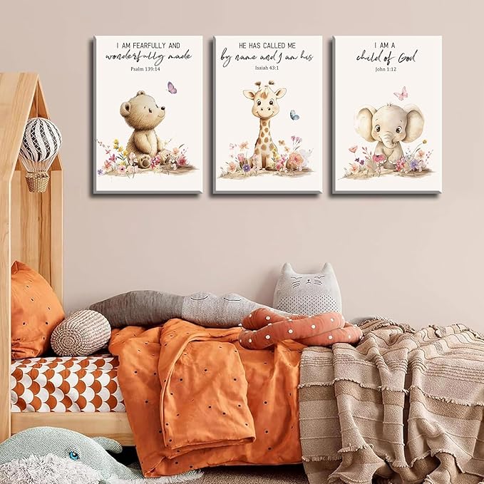 3Pcs Nursery Animal Bible Verse Canvas Wall Art Cute Bear Elephant Giraffe Wall Decor Pictures Christian Baby Nursery Posters Prints for Kids Boys Girls Room Home Decoration 16x24in