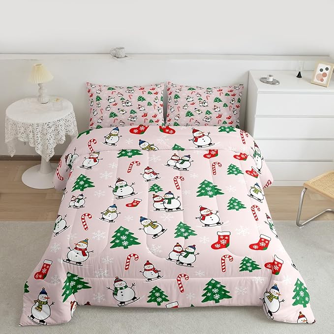 Feelyou Pink Christmas Comforter Set Queen Size Snowman Bedding Set for Kids Boys Girls Snowflake Duvet Quilt Xmas Tree Bedroom Decor Microfiber 3 Pcs with 2 Pillow Cases