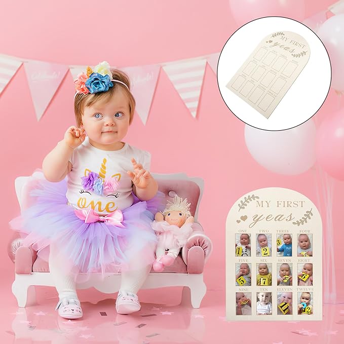 First Year Picture Frame Wooden Milestone Photo Board for Nursery Decoration Space-Saving Growth Tracker with Multiple Photo Slots Sturdy Wood Material for Newborn Memories