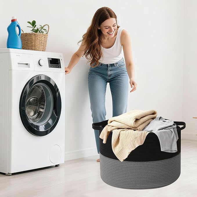 Large Blanket Basket for Organizing,65L Closet Organizers and Storage Bins Box for Shelves Woven Rope Storage Baskets,Living Room,Bedroom,Dorm,Laundry room (Black&Dark Grey)