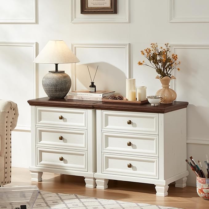 Farmhouse Bedroom Dresser and Nightstand Set of 4, 6 Drawer Tall & Low Dresser & 3 Drawer Nightstand Set with Wooden Legs, Rustic Wood Furniture Sets for Bedroom, Hallway, White