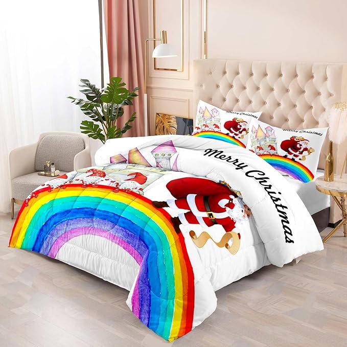 LUVIVIHOME 2PCS Merry Christmas Comforter Set Twin Size, Funny Santa Claus Bedding, Gnome Castle Rainbow Christmas Bedroom Decor for Kids Girls Boys Teens, White Quilt, Xmas Gifts, 1 Pillow Sham