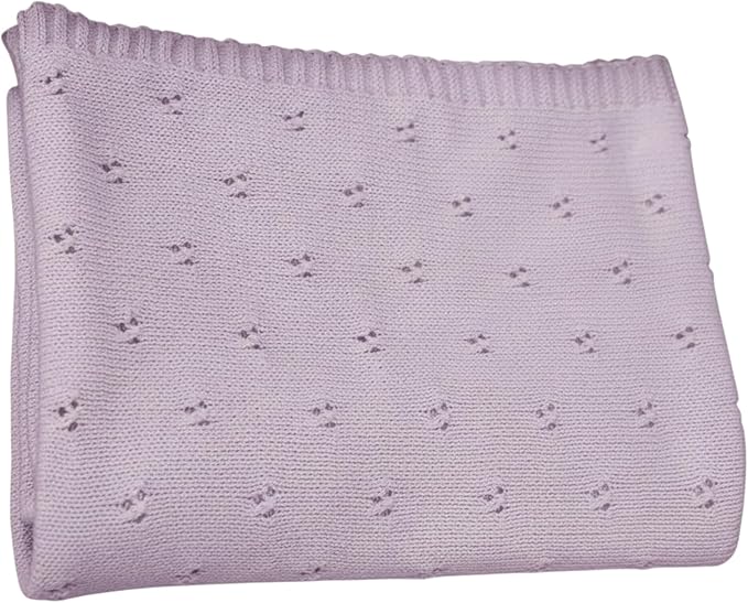 Baby Knit Blanket, 100% Cotton Eyelet Patterns, Soft, Cozy, Lightweight Swaddle for Newborn & Infant Swaddling Beige Neutral, Perfect Baby Shower Ideas Lilac 30x30