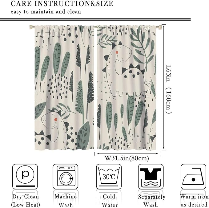 Funny Dinosaur Curtains, Jungle Cute Cartoon Animals Tropical Leaves Plant Beige Green Print Blackout Window Treatments for Kids Boys Girls Bedroom Living Room 63x63in