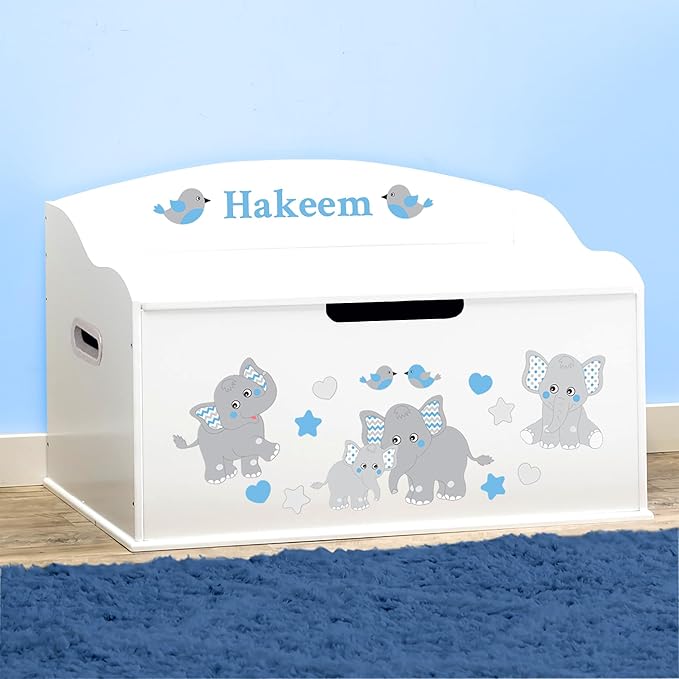 DIBSIES Personalized Creative Wonders Toy Box, Blue Elephants, 30 x 19.25 x 18 inches, Soft-Close Lid (White)
