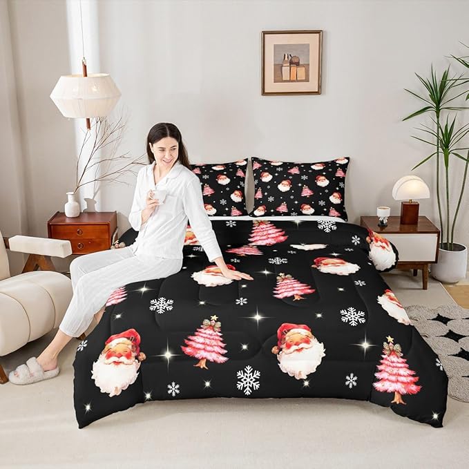 jejeloiu Kids Christmas Theme Comforter Set Full Size Xmas Tree Cute Santa Claus Bow Bedding Set for Boys Girls Teens Winter Snowflake Happy New Year Duvet Quilt Room Decor