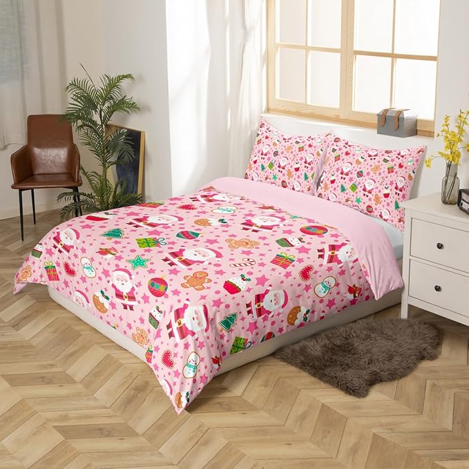 Feelyou Pink Christmas Duvet Cover King Size Cartoon Santa Claus Gingerbread Man Bedding Set for Boys Girls Snowman Xmas Decor Comforter Cover Reversible Pink Bedroom Decor 3Pcs
