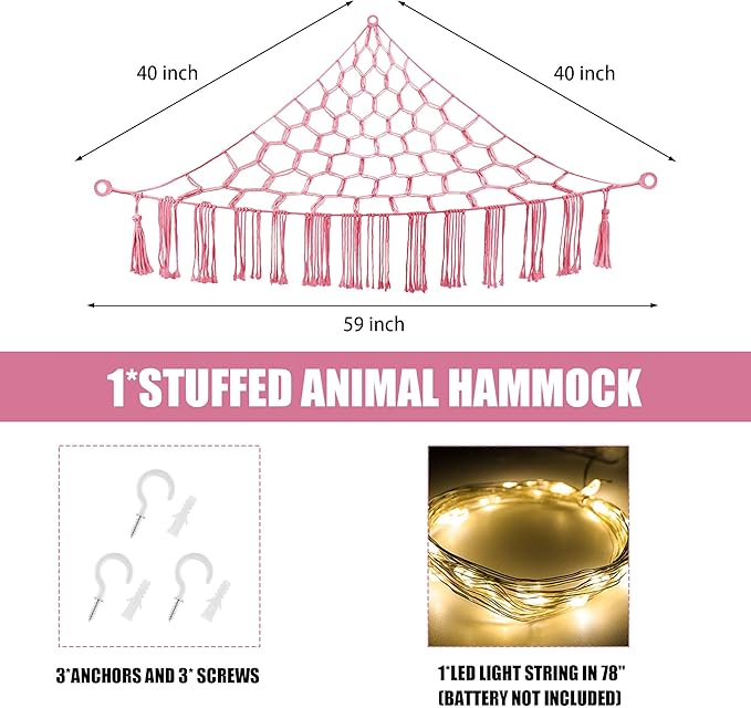 Stuffed Animal Hammock with LED Light, Large Stuffed Animals Storage Corner Plushie Net for Kids Room Decor, Pink