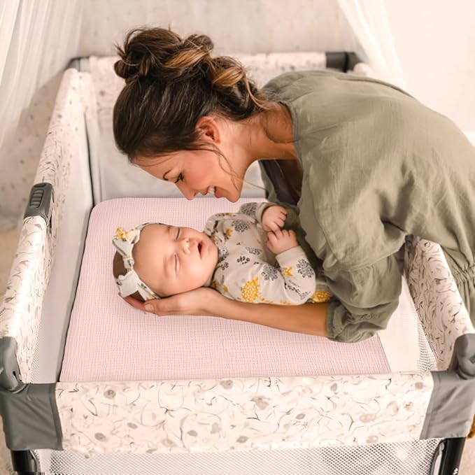 lulumoon Pack and Play Sheets for Girls: Soft Muslin Cotton for Playard Mattress - Stretchy Snug Fit for Chicco Pack n Play