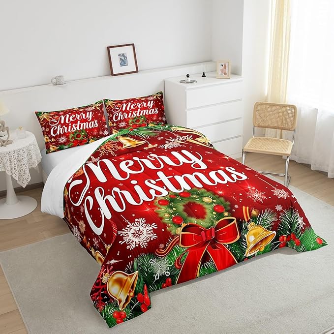 Christmas Wreath Bedding Set Full Size,Red Bowkont Gold Bell Comforter Set for Kids Boys Girls Room Decor,Snowflake Merry Christmas Duvet Insert 3Pcs,Green Leaves Xmas Theme Quilt Set,2 Pillowcases