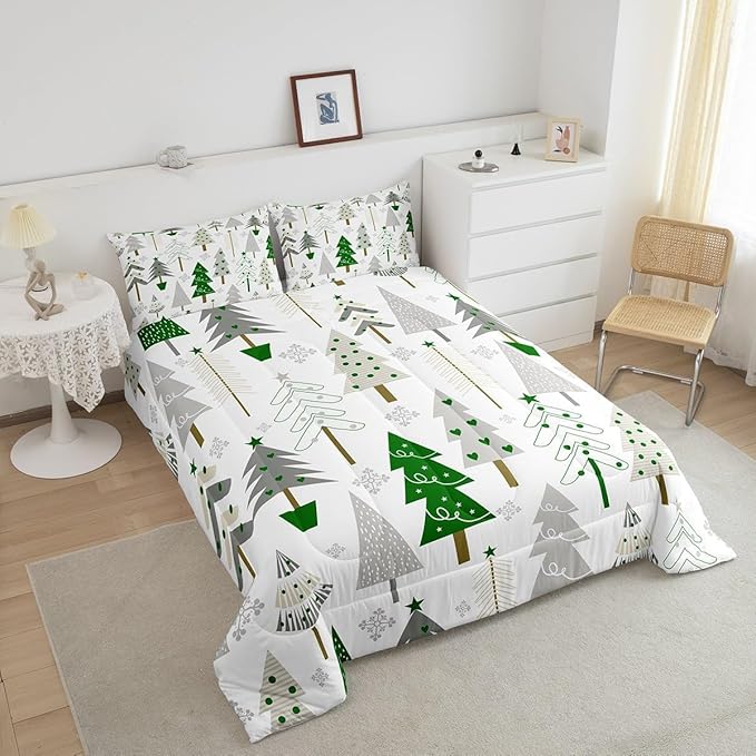Xmas Trees Comforter Set Toddler Size,Merry Christmas Pine Botanical Boho Hand Drawn Bedding Set for Boys Teens Bedroom,Green Gray Plant Snowflakes Winter Quilted Set with 1 Pillowcase, White