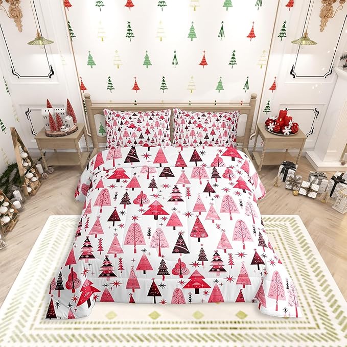 Manfei Pink Xmas Trees Comforter Set Twin Size, Christmas Theme Bedding Set 2pcs for Kids Boys Girls Adults Room Decor, Happy New Year Down Comforter Soft Polyester Quilt Set with 1 Pillowcase