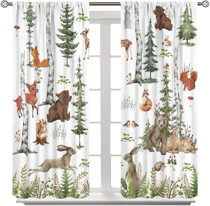 Animal Kids Curtains, Woodland Squirrel Rabbit Bear Animal Friends Forest Curtains for Boys and Girls Bedroom Living Room Kitchen 42x54 Inch