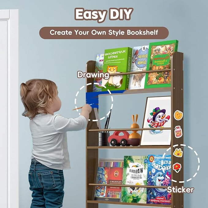 Solid Wood Montessori Wall-Mounted Kids Bookshelf - 4-Tier Book Display for Nursery, Bedroom, and Living Space - Natural Pine Wood (Dark Walnut)