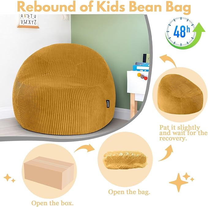 COMAX Bean Bag Chairs for Kids, Toddler BeanBag Sofa with Filler Bean Couch Stuffed for Boys and Girls, Lazy Floor Chair for Playroom, Nursery Room, Yellow