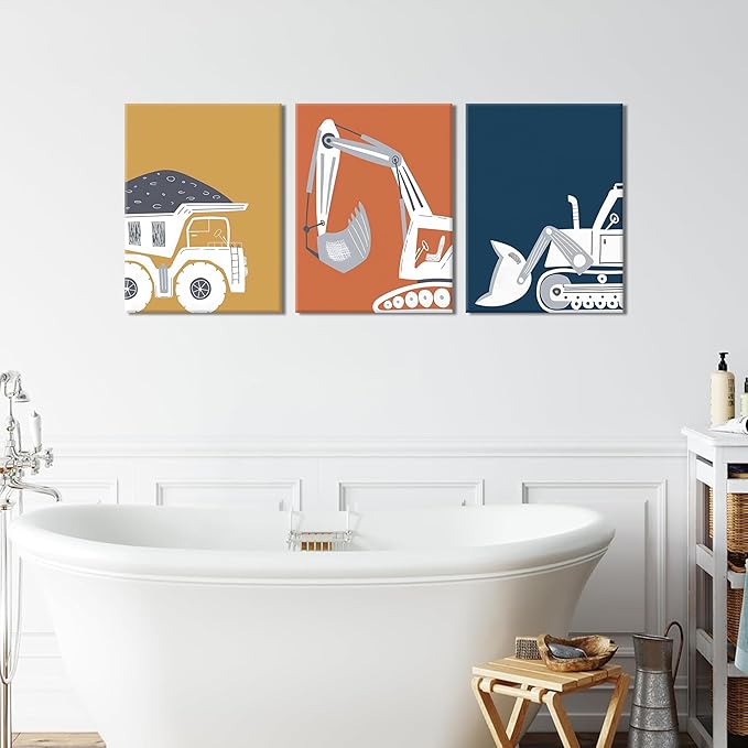 AKWISH Framed Nursery Construction Truck Wall Art Set of 3 – Cute Excavator Tractor Dump Truck Canvas Prints, Boys Bedroom and Baby Room Wall Decor, Playroom Vehicle Artwork – 16x24in
