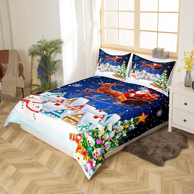 Manfei Christmas Duvet Cover Set Twin Size, Snowman Xmas Tree Santa Claus Bedding Set 2pcs, Reversible Winter Snow Cabin Holiday New Year Quilt Cover with Zipper Closure, 1 Pillowcase, No Comforter