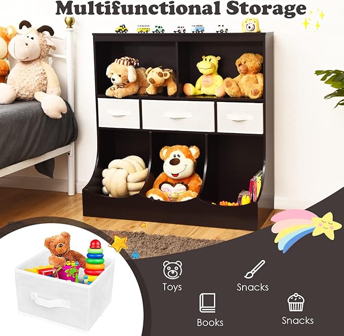 HONEY JOY Kids Toy Storage Organizer with Bookcase, 8-Cubby Organization Storage Cabinet w/Display Shelf & 3 Removable Fabric Bins, Wooden Toy Storage Unit for Playroom, Nursery Daycare(Espresso)