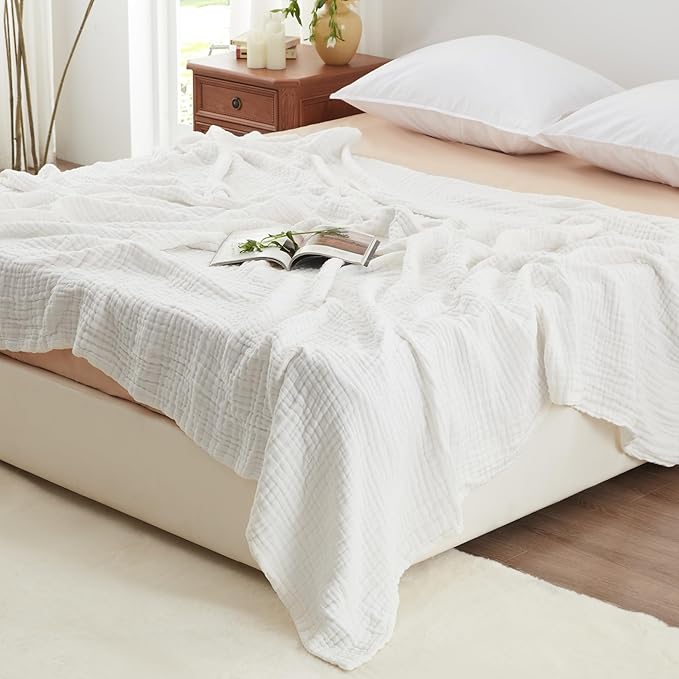 Love's cabin 6 Layer 100% Cotton Muslin Blanket, 108"x90" Muslin King Size Blanket for Bed Couch, Lightweight and Breathable Cotton Gauze for Adult, White